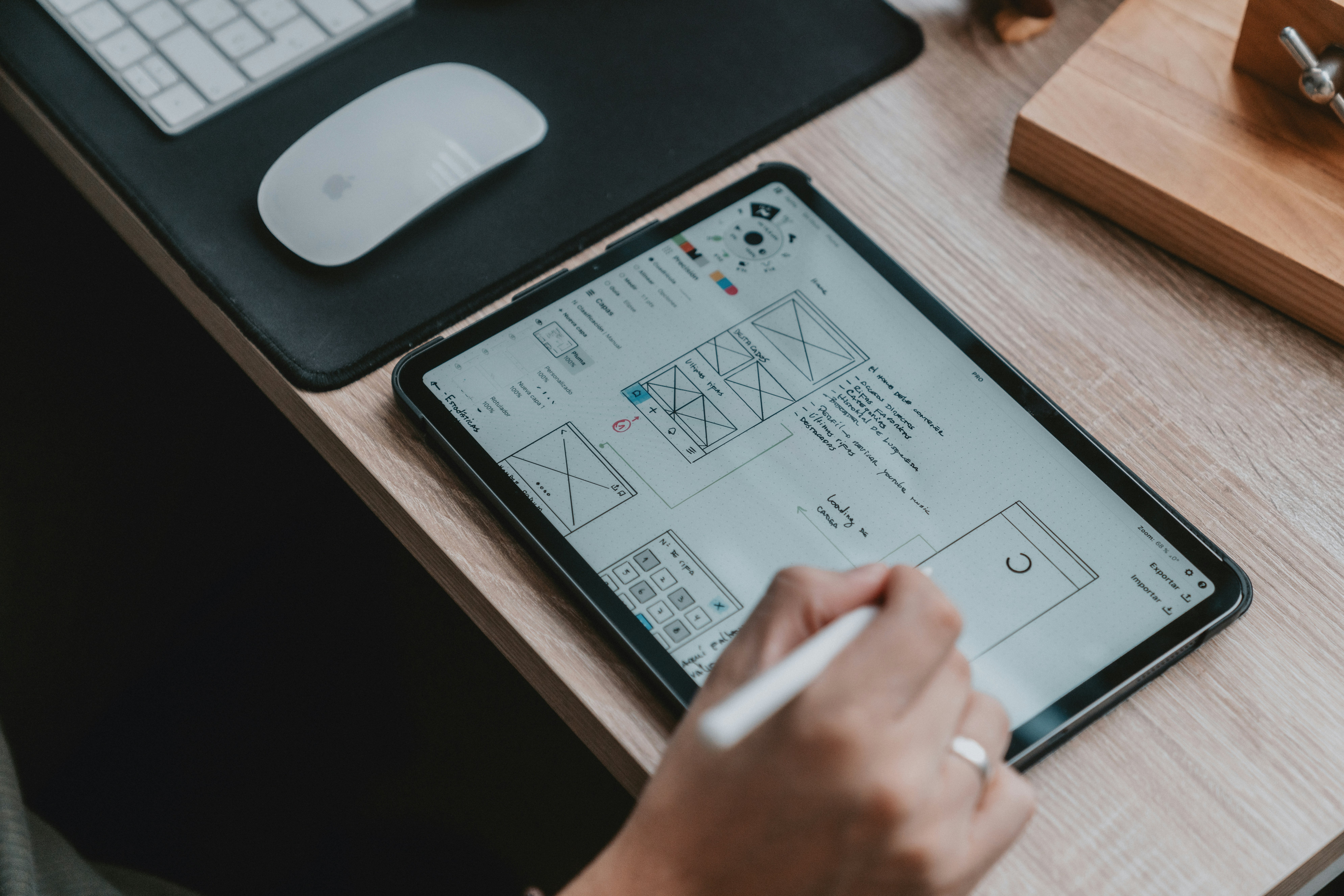 Tablet su un tavolo accanto a un pc desktop