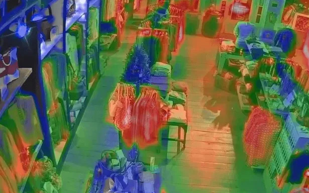 Heatmap sulla vista di una sala di un negozio che rappresenta l'attività dei clienti